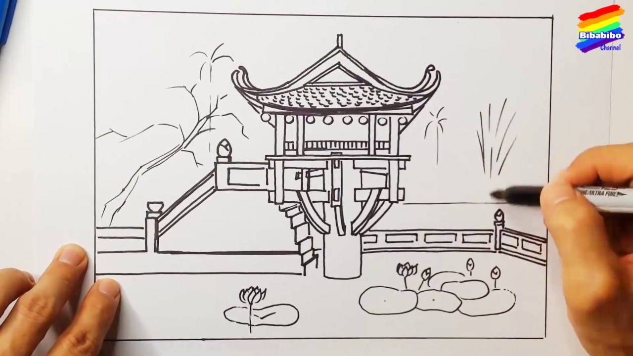 Vẽ tranh phong cảnh chùa Một Cột, chùa Diên Hựu | Draw One Pillar ...